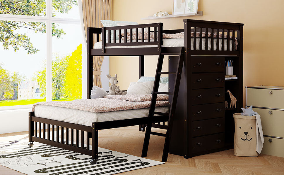 Espresso Wooden Bunk Bed with Twin Over Full, 6 Drawers, and Flexible Shelves - Versatile Solid Wood Bunk Bed with Storage and Removable Bottom Bed