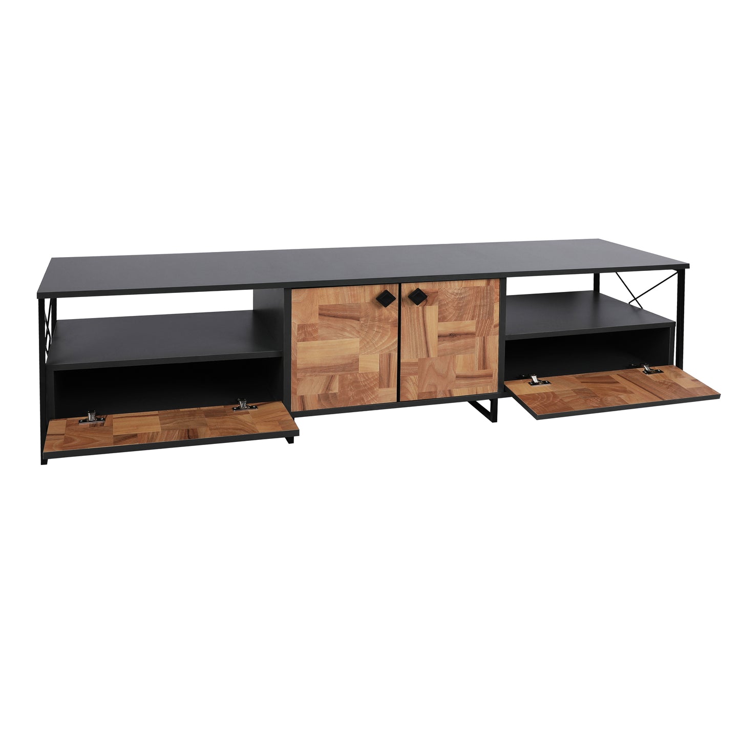 71-Inch Industrial Wooden TV Stand with Metal Frame and Storage Options, Brown and Black