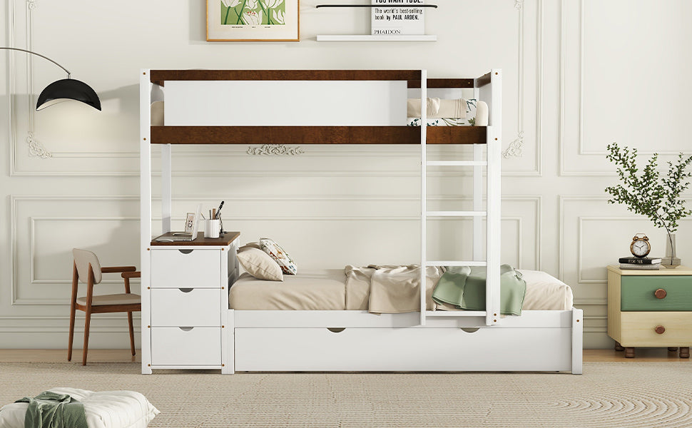 Twin Bunk Bed with Trundle, Storage, Desk, White-Walnut Finish & Maximized Space Storage Solution