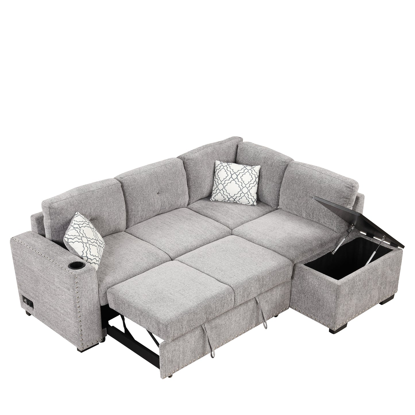 Convertible L-Shaped Sectional Sleeper Sofa with Storage Chaise and Charging Ports in Light Gray