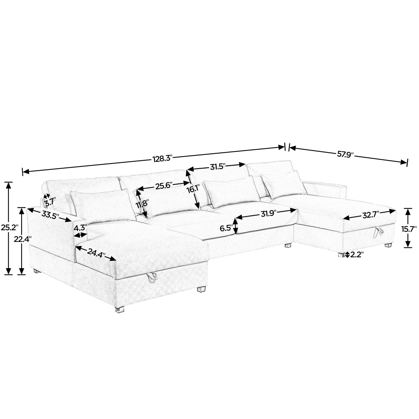 U_STYLE Modern Large U-Shape Sectional Sofa, 2 Large Chaise with Storage Space for Living Room, 4 Lumbar Support Pillows