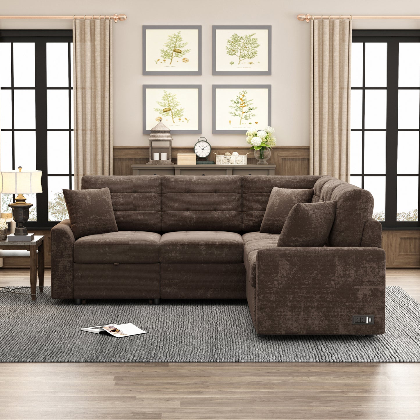 Convertible L-Shape Sleeper Sofa with USB Ports and Power Sockets, Brown