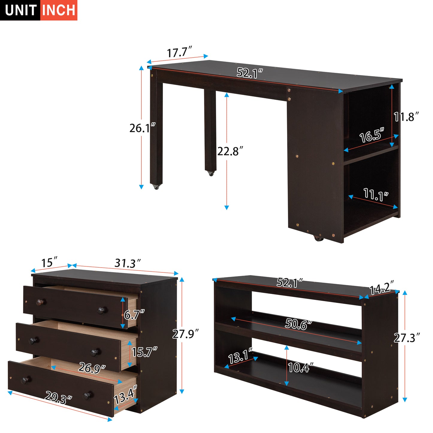 Low Study Full Loft Bed with Cabinet ,Shelves and Rolling Portable Desk ,Multiple Functions Bed- Espresso