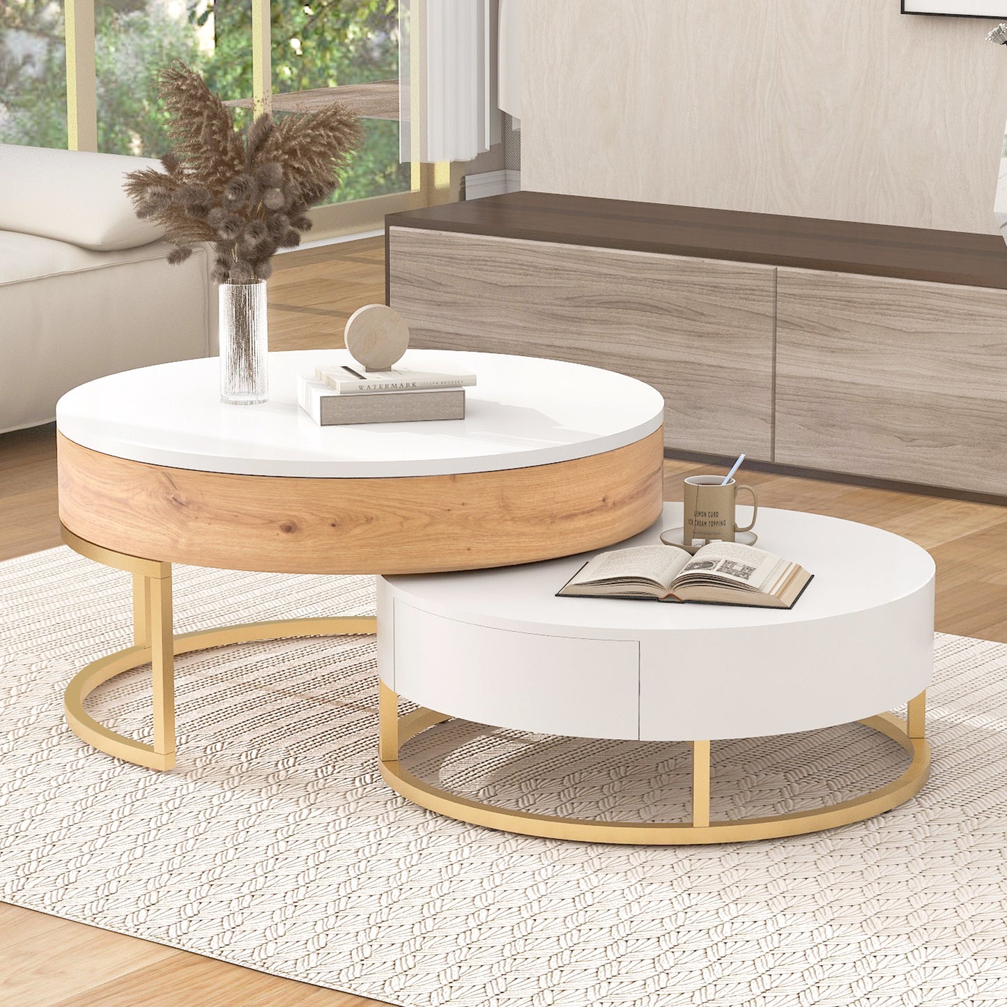 Elegant Lift-Top Coffee Tables Set with Drawers - White & Natural