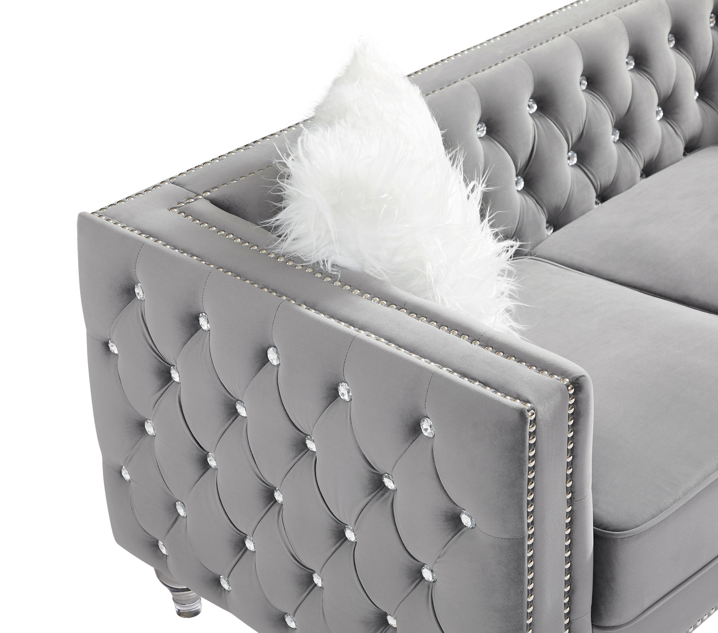 2066 Gray Chesterfield Sofa with Crystal Accents and Plush Throw Pillows