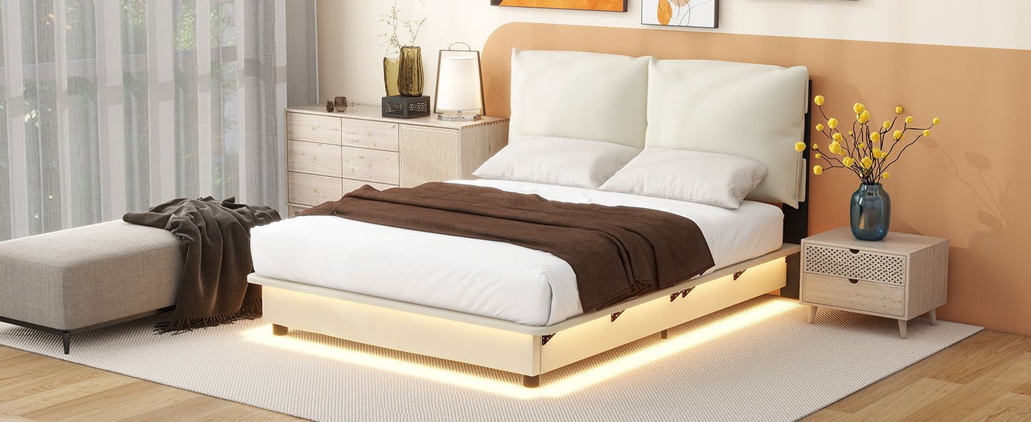 Full Size Upholstered Platform Bed with Sensor Light and Ergonomic Design Backrests, White