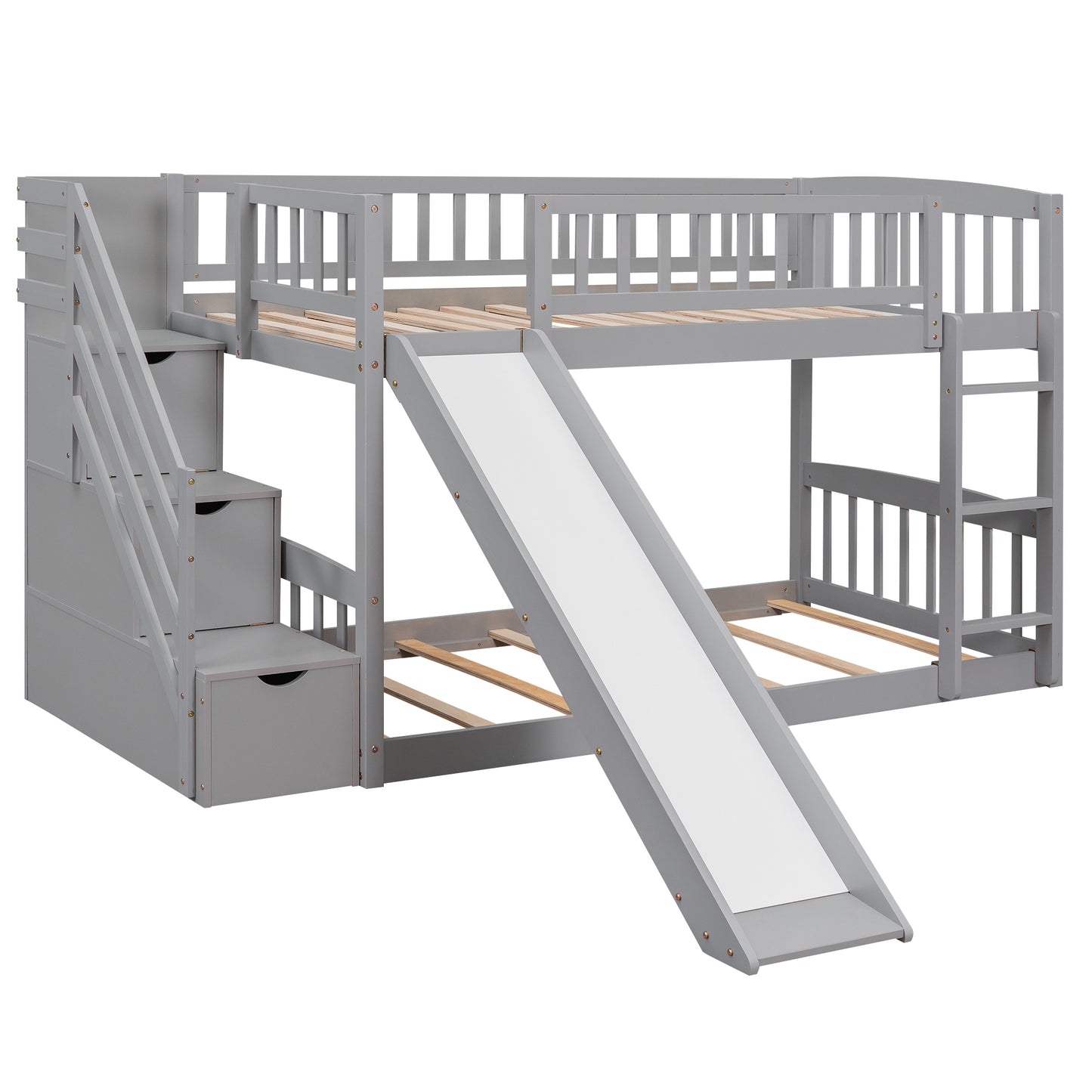 Stairway Twin Bunk Bed with Slide, Drawers, and Gray Finish