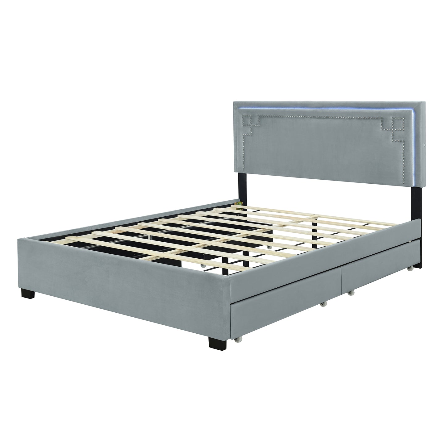 Queen Size Upholstered Platform Bed with Rivet-decorated Headboard, LED bed frame and 4 Drawers, Gray