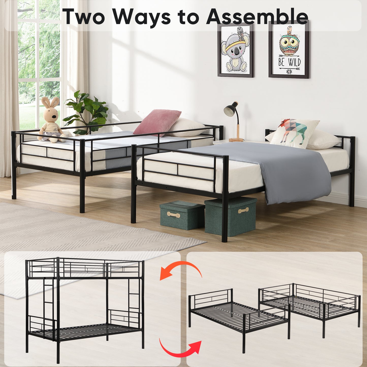 Convertible Twin Over Twin Metal Bunk Bed with 2 Ladders, Guardrail, and Storage Space in Black