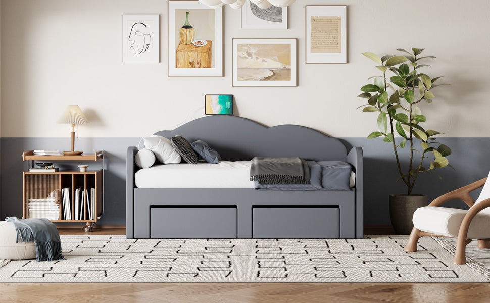 Twin Size Upholstered daybed with Cloud-Shaped Backrest, Trundle & 2 Drawers and USB Ports, Gray