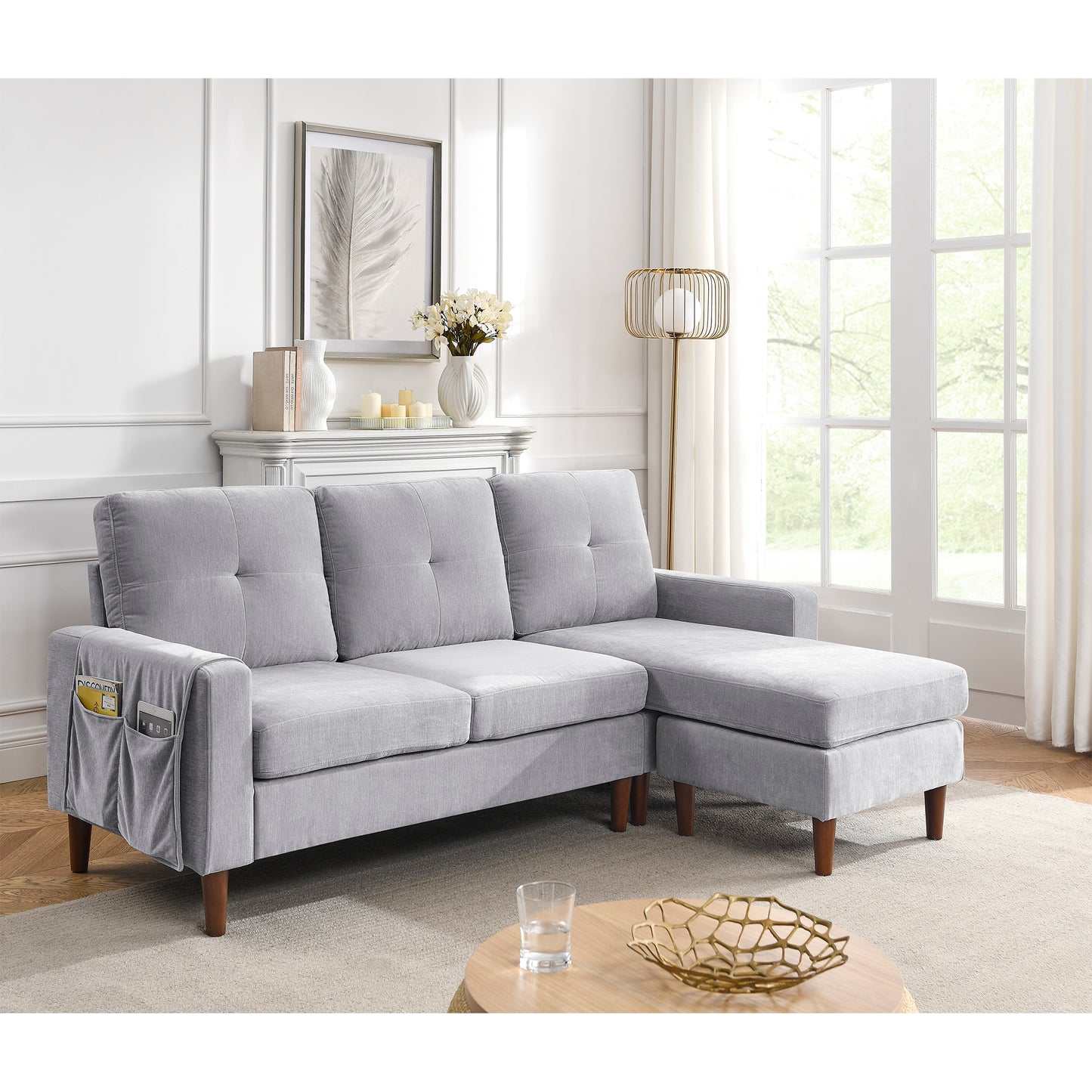 80 L-Shape Convertible Sectional Sofa with Reversible Chaise, Light Grey Chenille