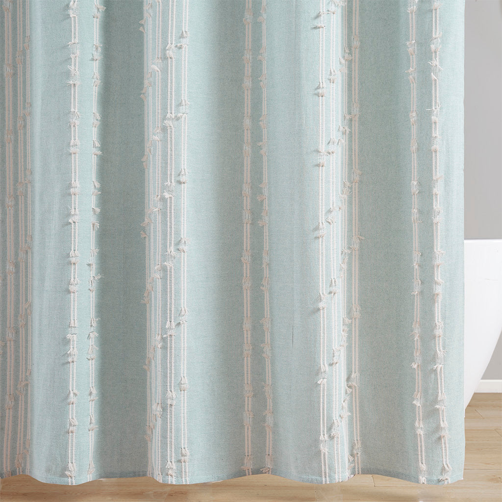 Stripe Jacquard Cotton Shower Curtain with Aqua Details