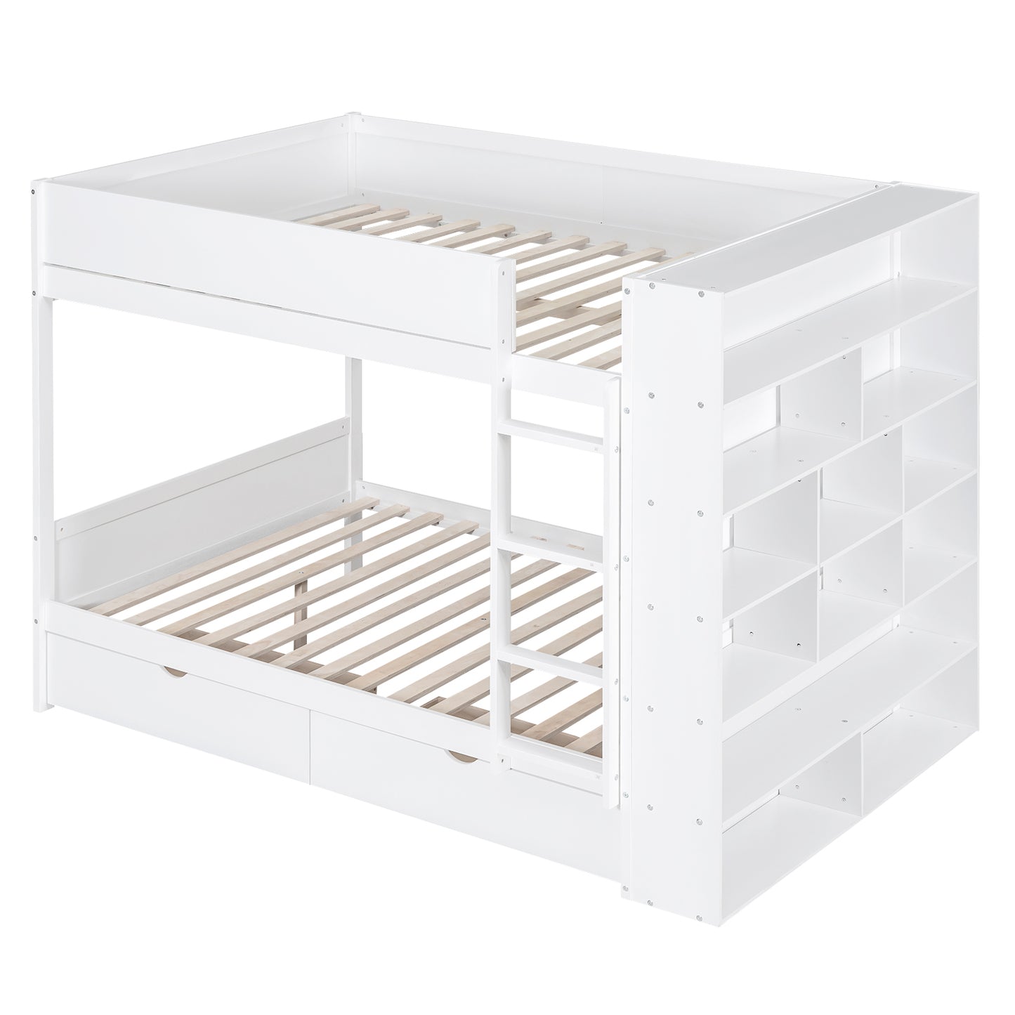 White Full over Full Bunk Bed with Bonus Storage and Multi-layer Cabinet