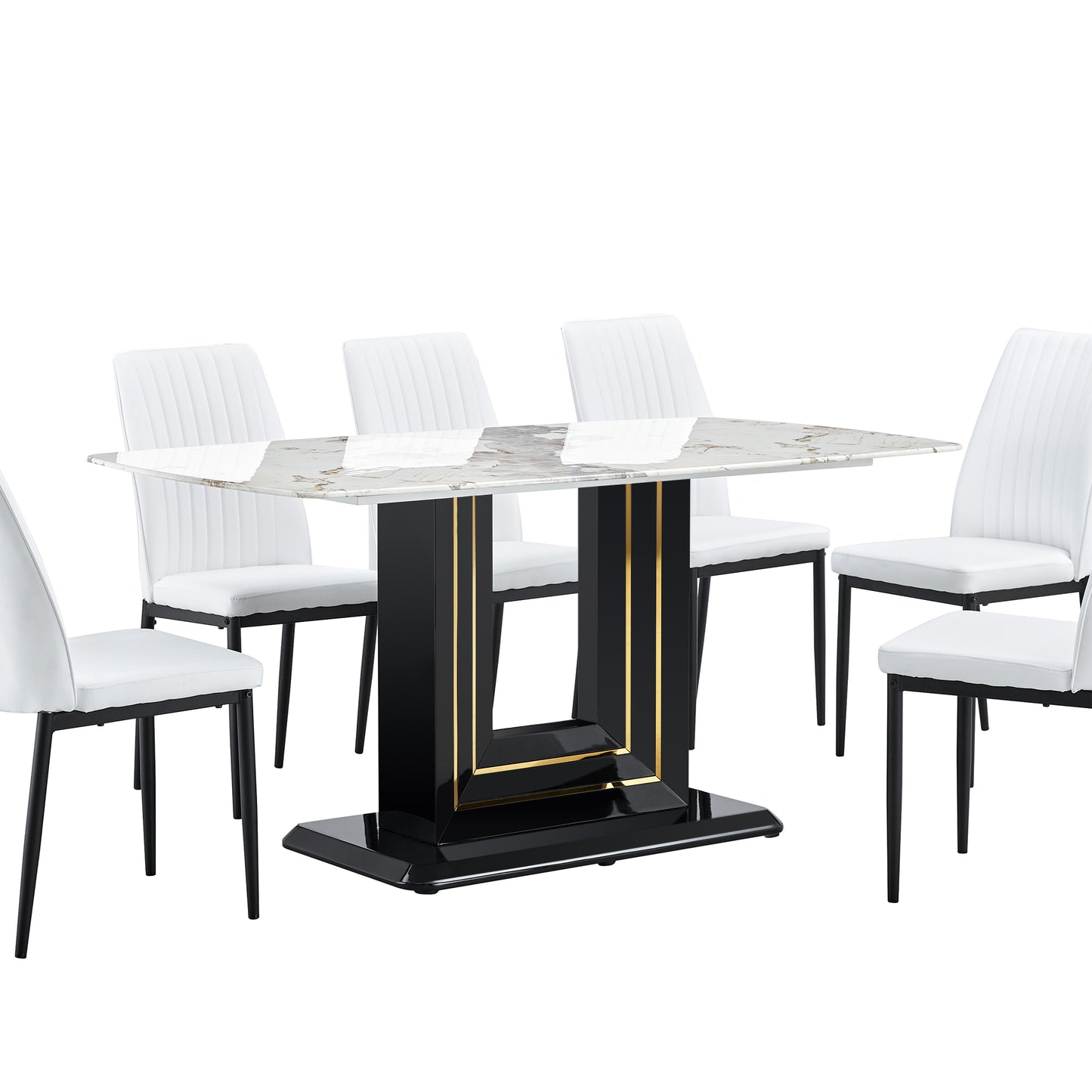 7-Piece Faux Marble Dining Table Set, Glass Rectangular Kitchen Table for 6-8, Modern White Faux Marble Dining Room Table with MDF Base, Dining Table & 6 Chairs