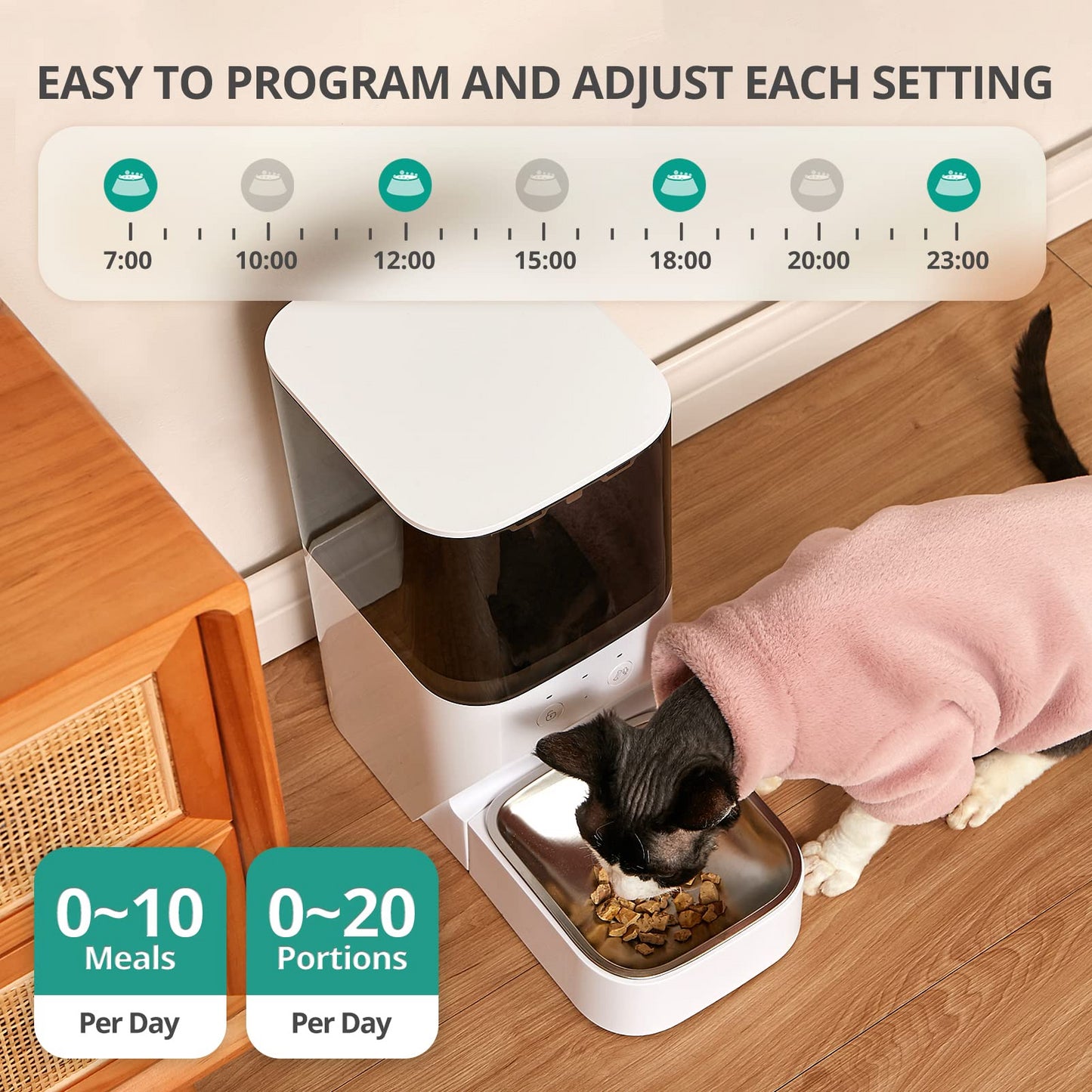 Automatic Cat Feeder, Timed Cat Feeder with APP Control, Dog Food Dispenser with Stainless Steel & Lock Lid, Up to 20 Portions 10 Meals Per Day, 30S Voice Recorder, 4L Programmable Pet Feeder