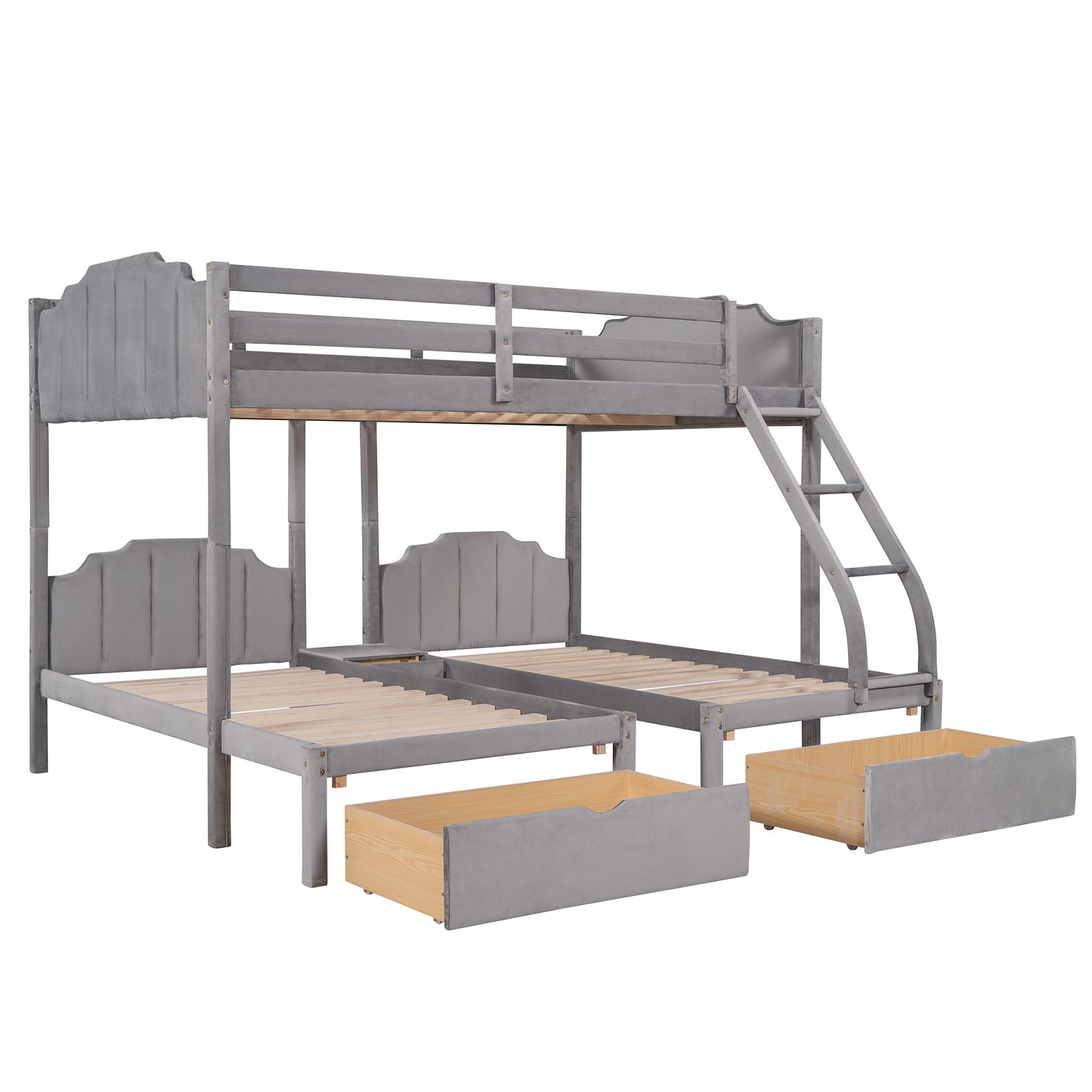 Gray Velvet Triple Bunk Bed with Full Over Twin & Twin, Drawers, Guardrails, and Space-Saving Design