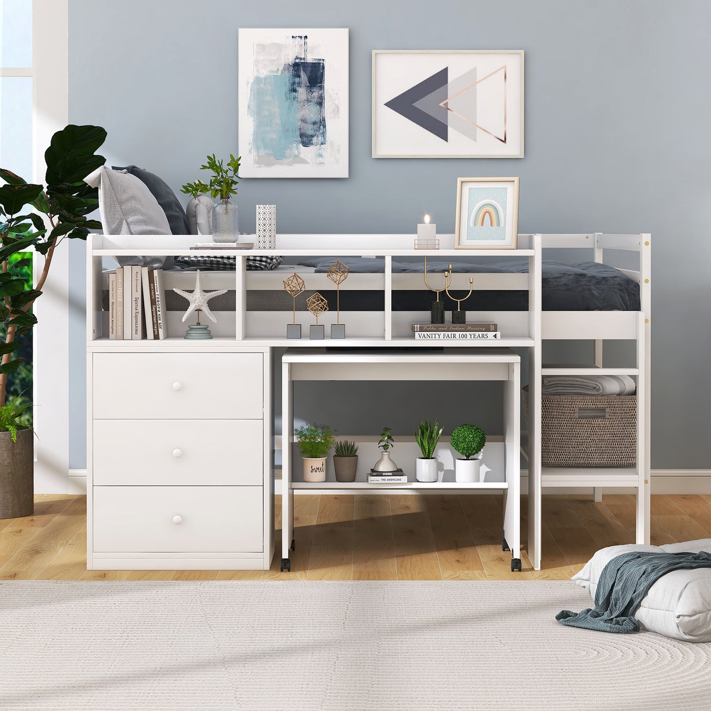 Full Size Low Loft Bed with Rolling Portable Desk, Drawers and Shelves, White(: GX000711AAK)