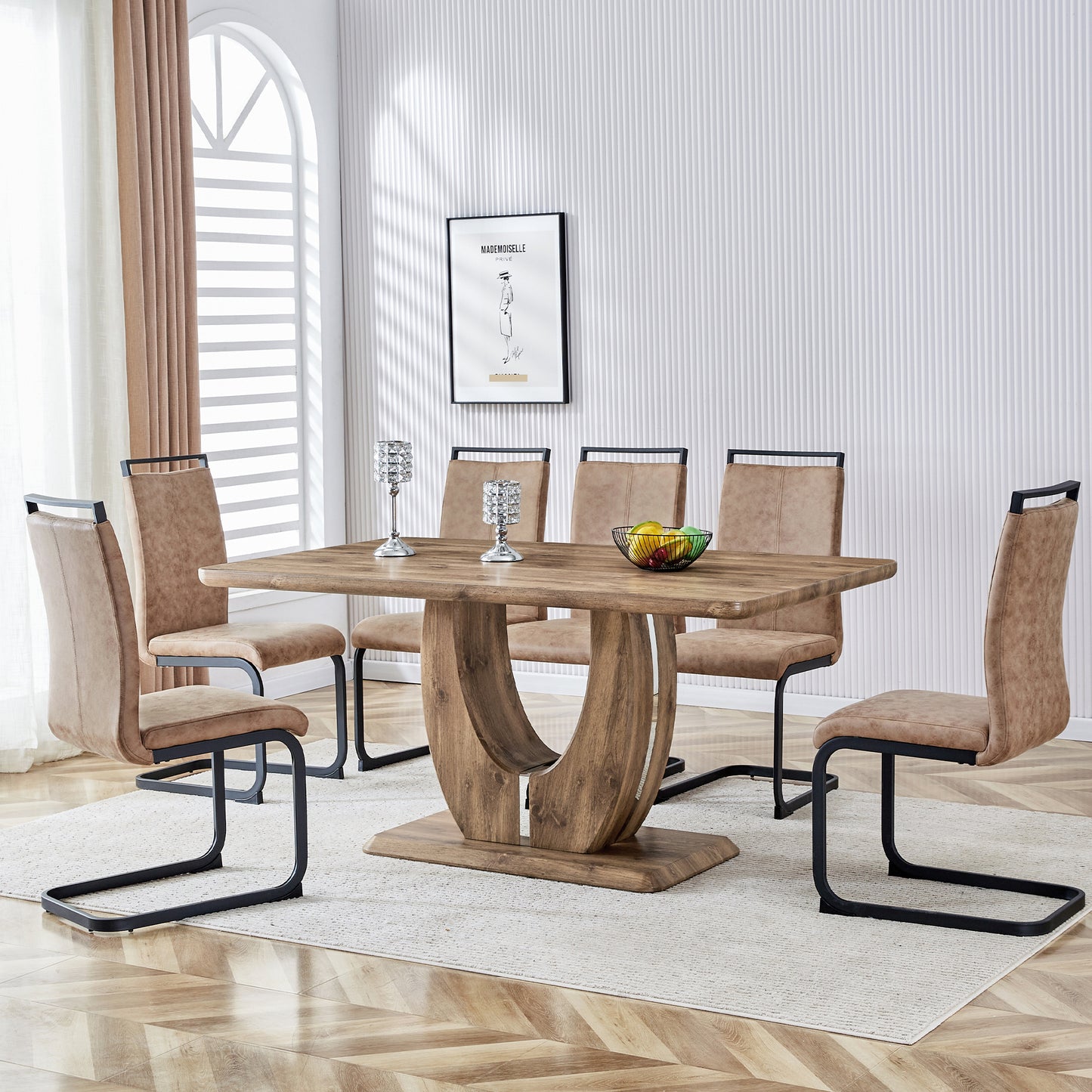 7 Piece Modern Dining Table Set, Rectangular Kitchen Table Set with Wooden Tabletop＆6 Pu Leather Upholstered Chairs Ideal for Dining Room, Kitchen