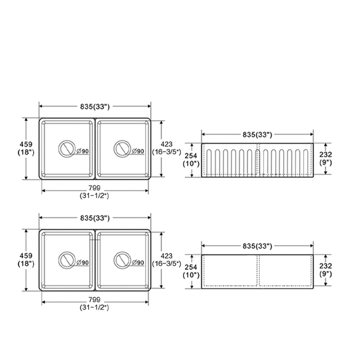 Fireclay Double Basin Farmhouse Kitchen Sink: 33 L X 18 W With Grid And Strainer