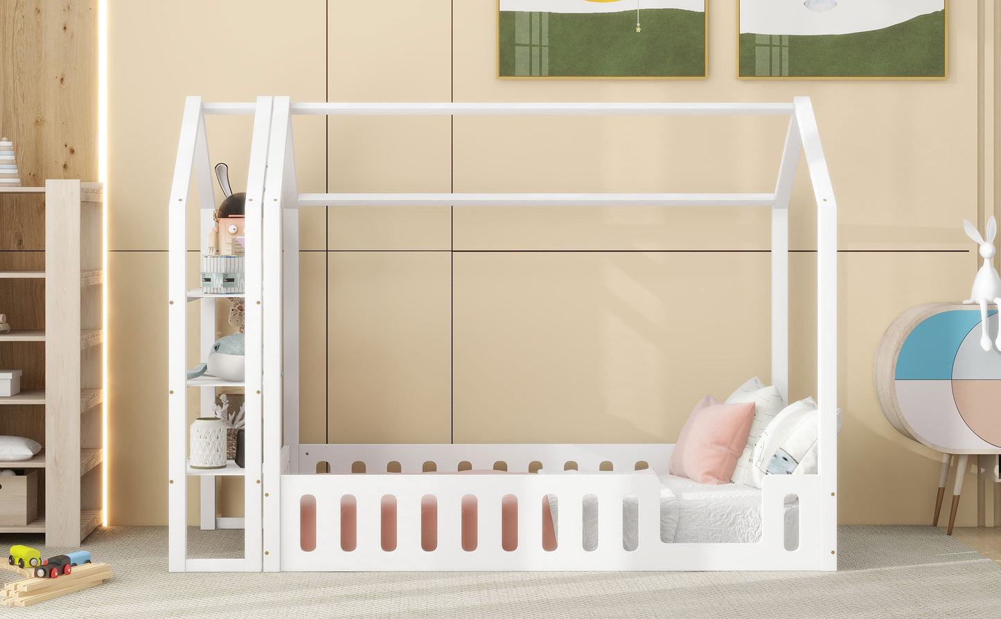 Twin Size Wood House Bed with Fence and Detachable Storage Shelves, White(Expected Arrival Time: 1.7)