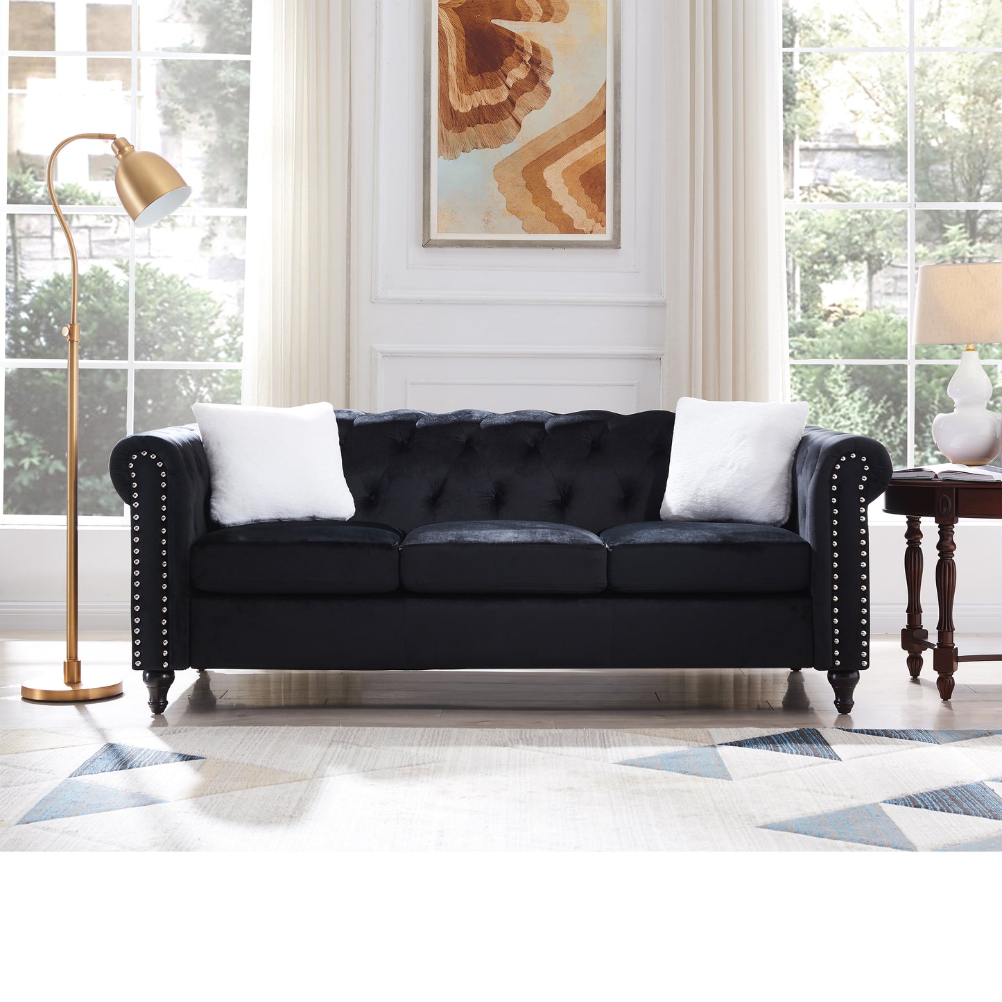 Contemporary Black Velvet 2-Piece Living Room Sofa Set with Button Tufting