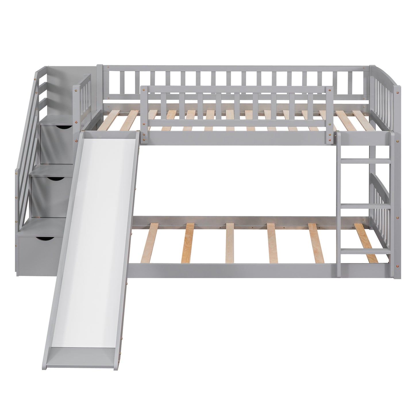 Stairway Twin Bunk Bed with Slide, Drawers, and Gray Finish