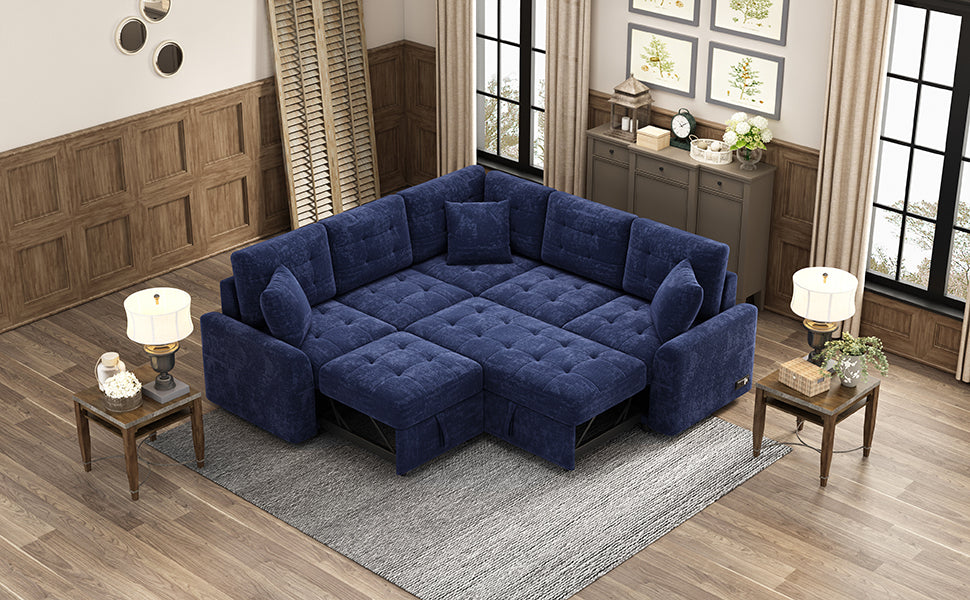 Convertible Navy Blue L-Shape Sleeper Sofa with USB Ports and Power Sockets