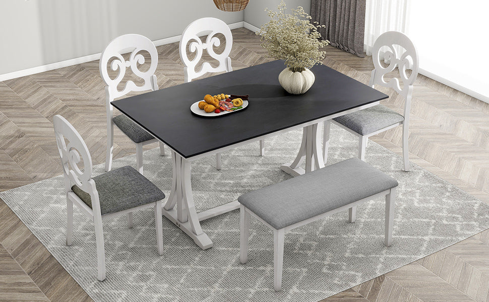 Mid-Century 6-Piece Trestle Table Set with Victorian Round Upholstered Dining Chairs and Long Bench, Gray+Antique White