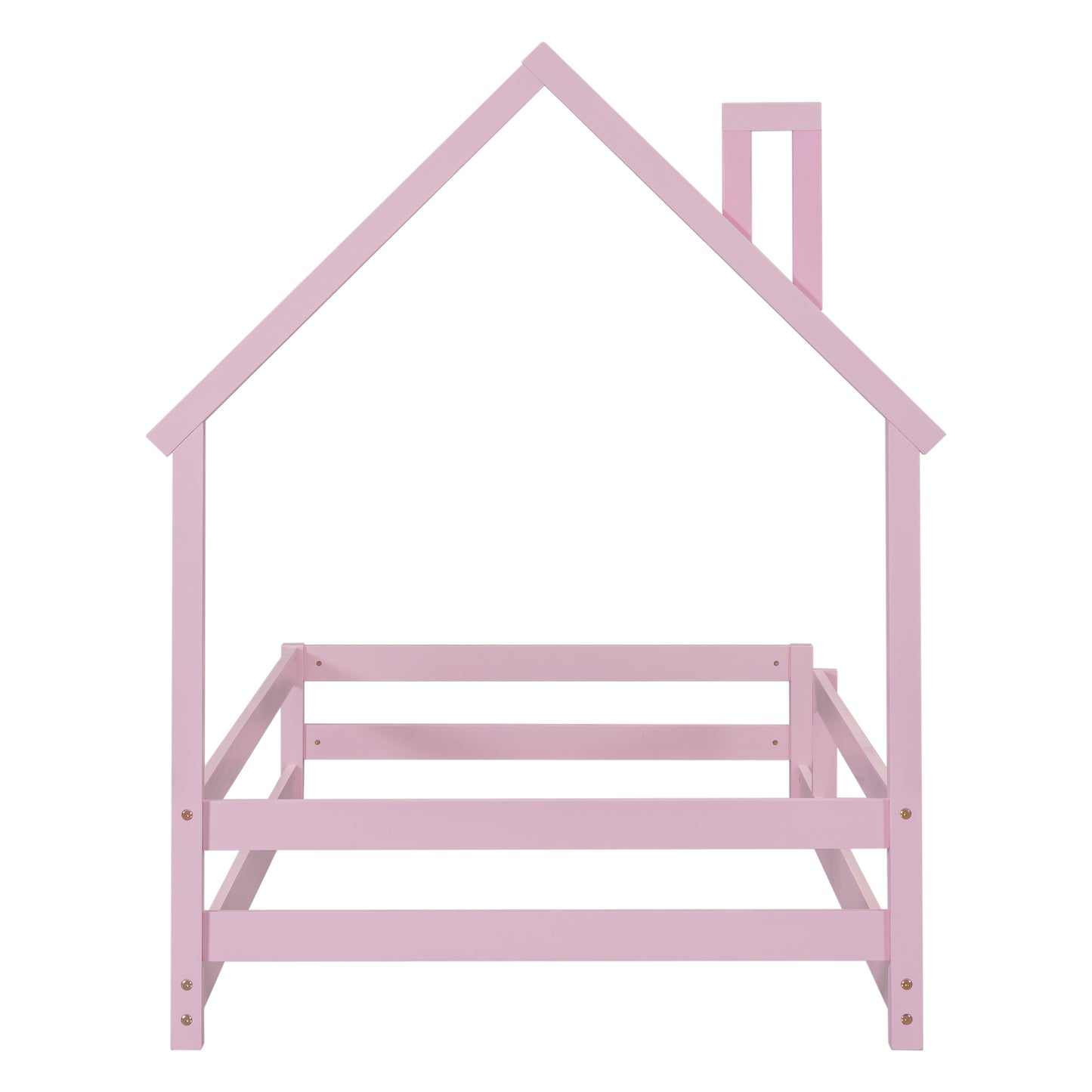 Twin Size Wood bed with House-shaped Headboard Floor bed with Fences,Pink