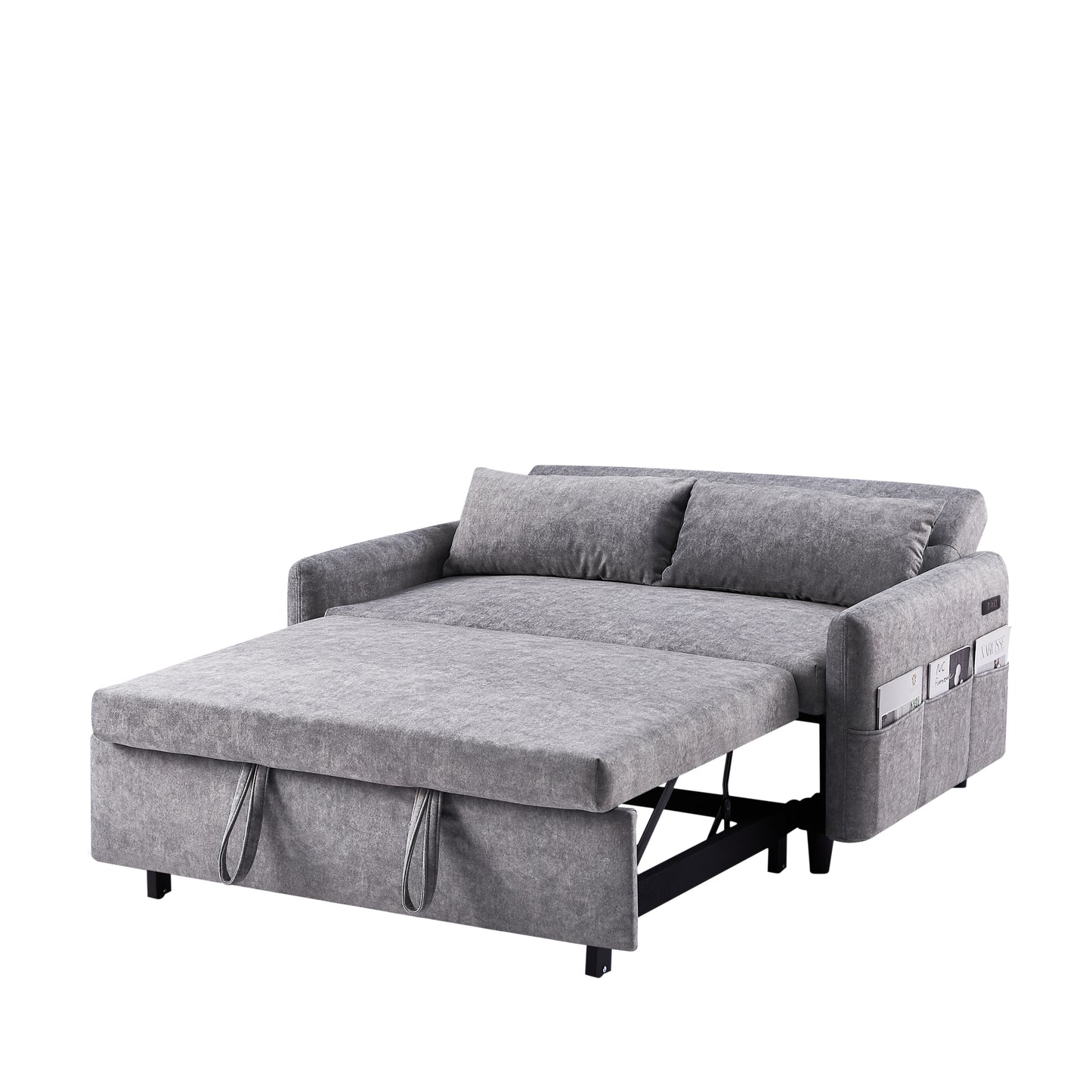 Adjustable Grey Loveseat Sofa Bed with USB Ports and Storage Pockets