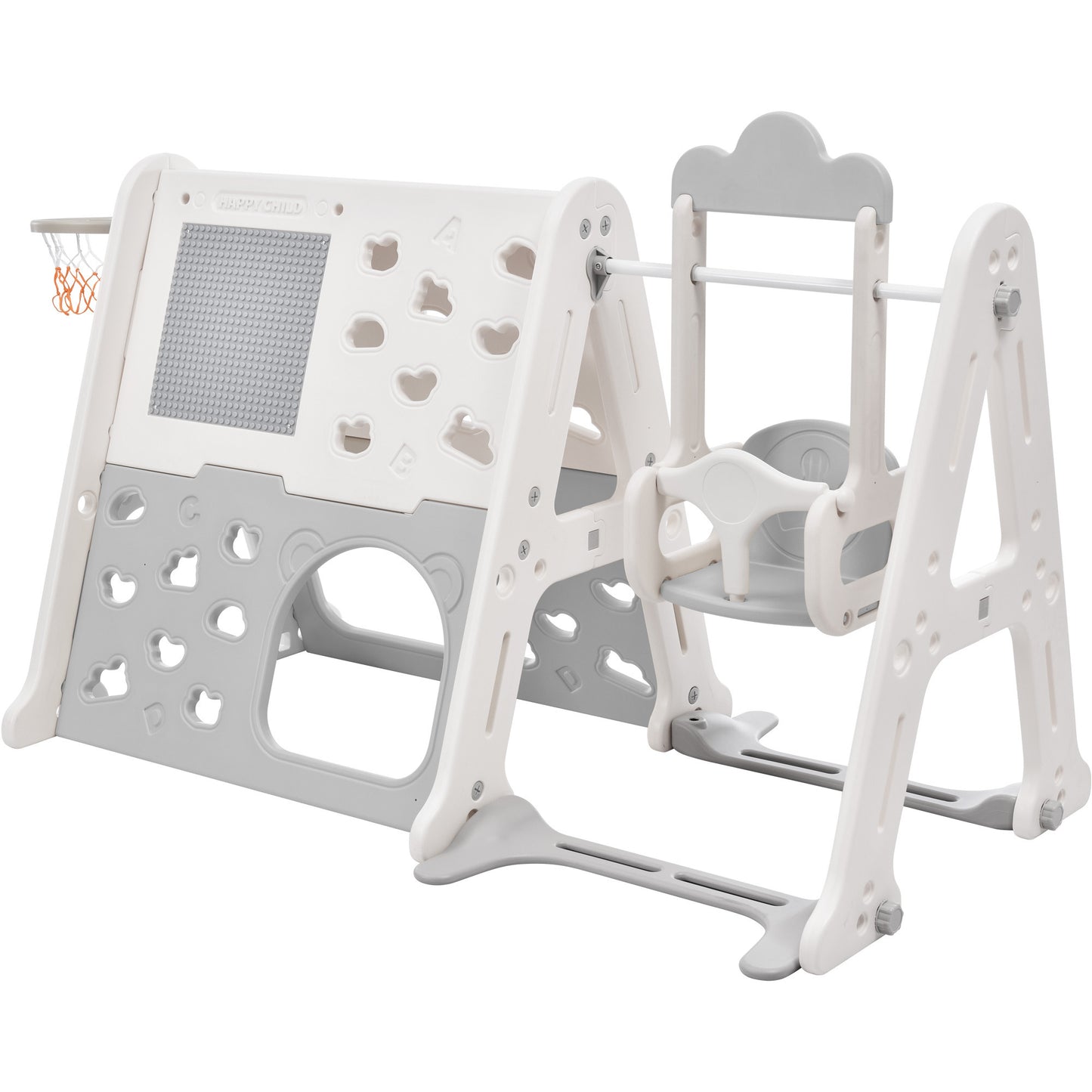 6-in-1 Toddler Climber and Swing Set Kids Playground Climber Swing Playset with Tunnel, Climber, Whiteboard,Toy Building Block Baseplates, Basketball Hoop Combination for Babies