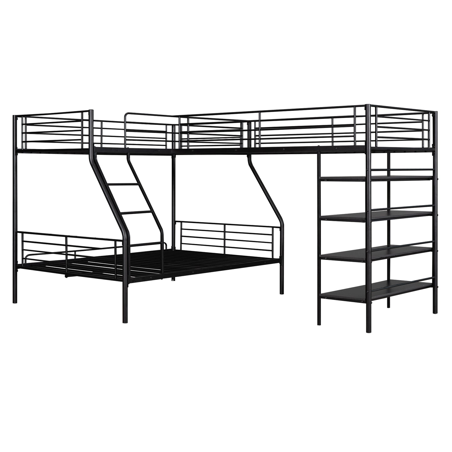 Triple Sleeper Bunk Bed with Loft, Shelves, and L-Shape Design, Black Metal