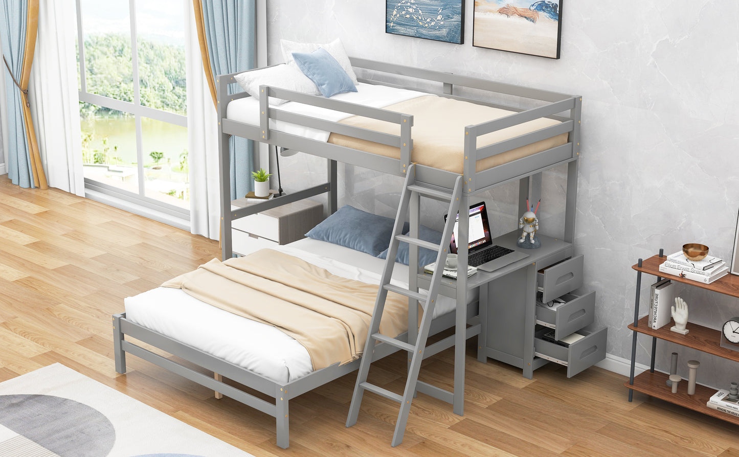 Grey Twin over Full Bunk Bed with Desk and Storage