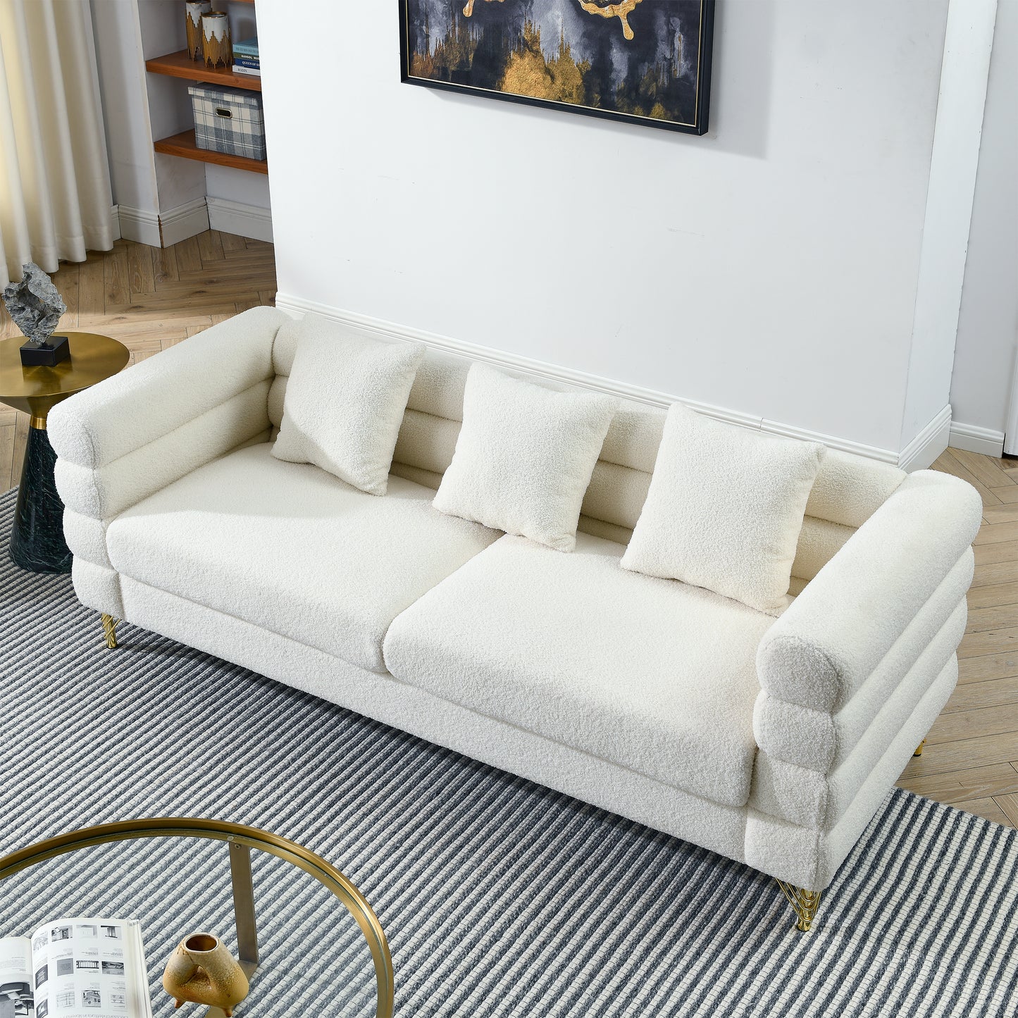 81 Inch Oversized 3 Seater Sectional Sofa - Ivory Modern Art Deco Design with Three Pillows