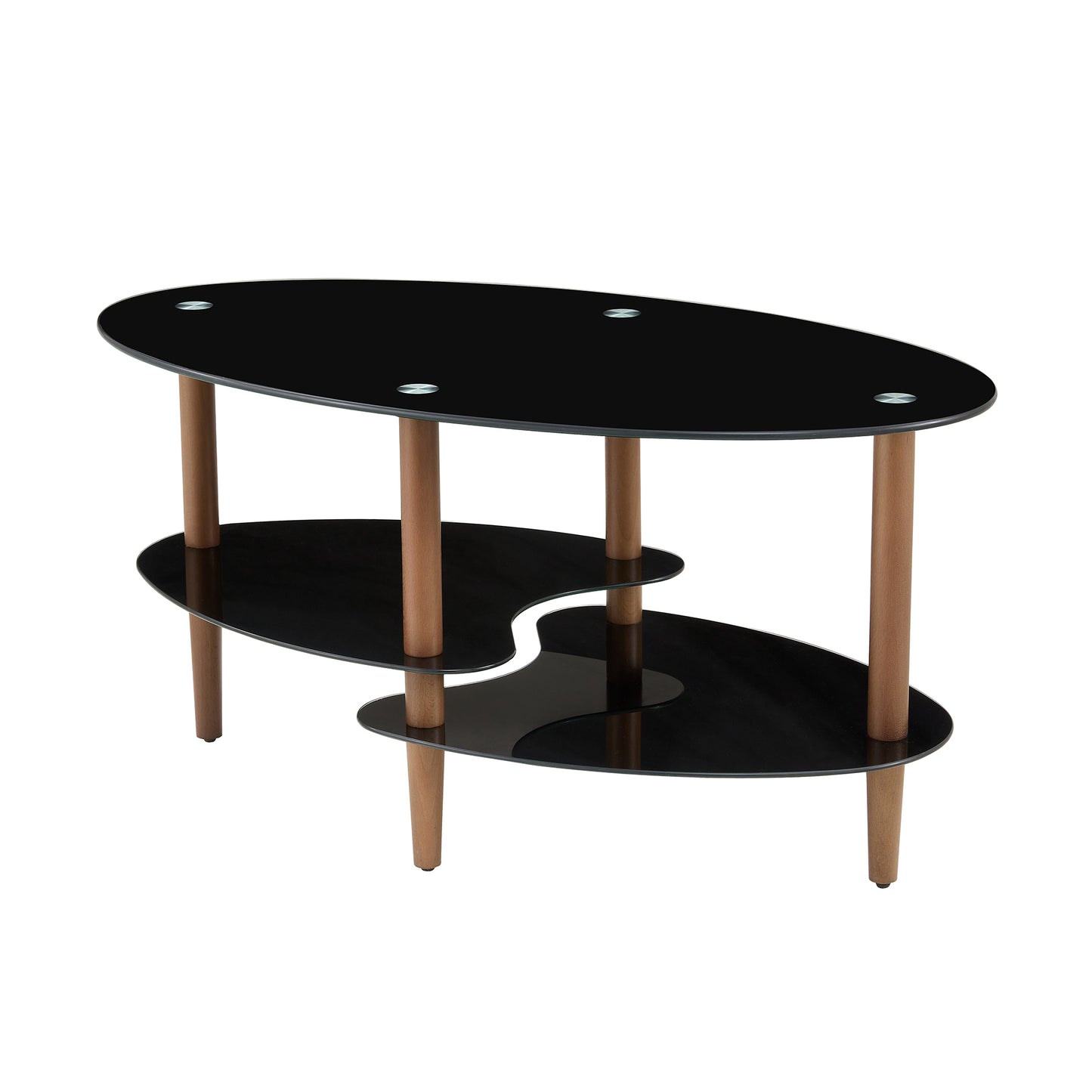 Stylish Black Oval Glass Coffee Table with Oak Wood Legs and Versatile Features