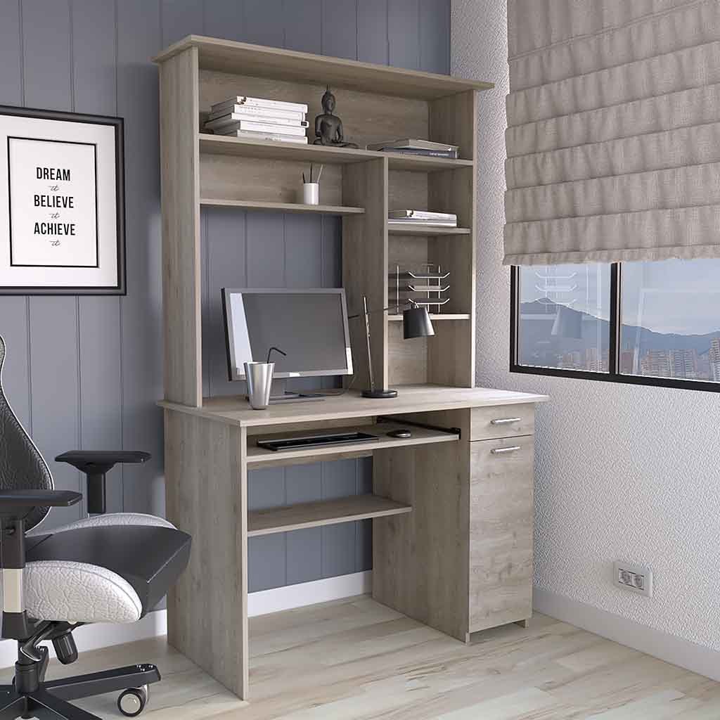 Acequia Office Desk with Hutch, Light Gray