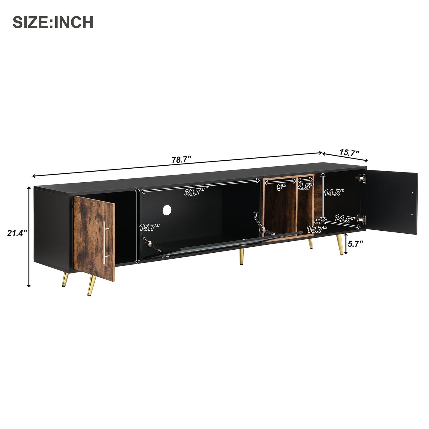 Elegant Black and Gold Two-Tone TV Stand with Adjustable Storage