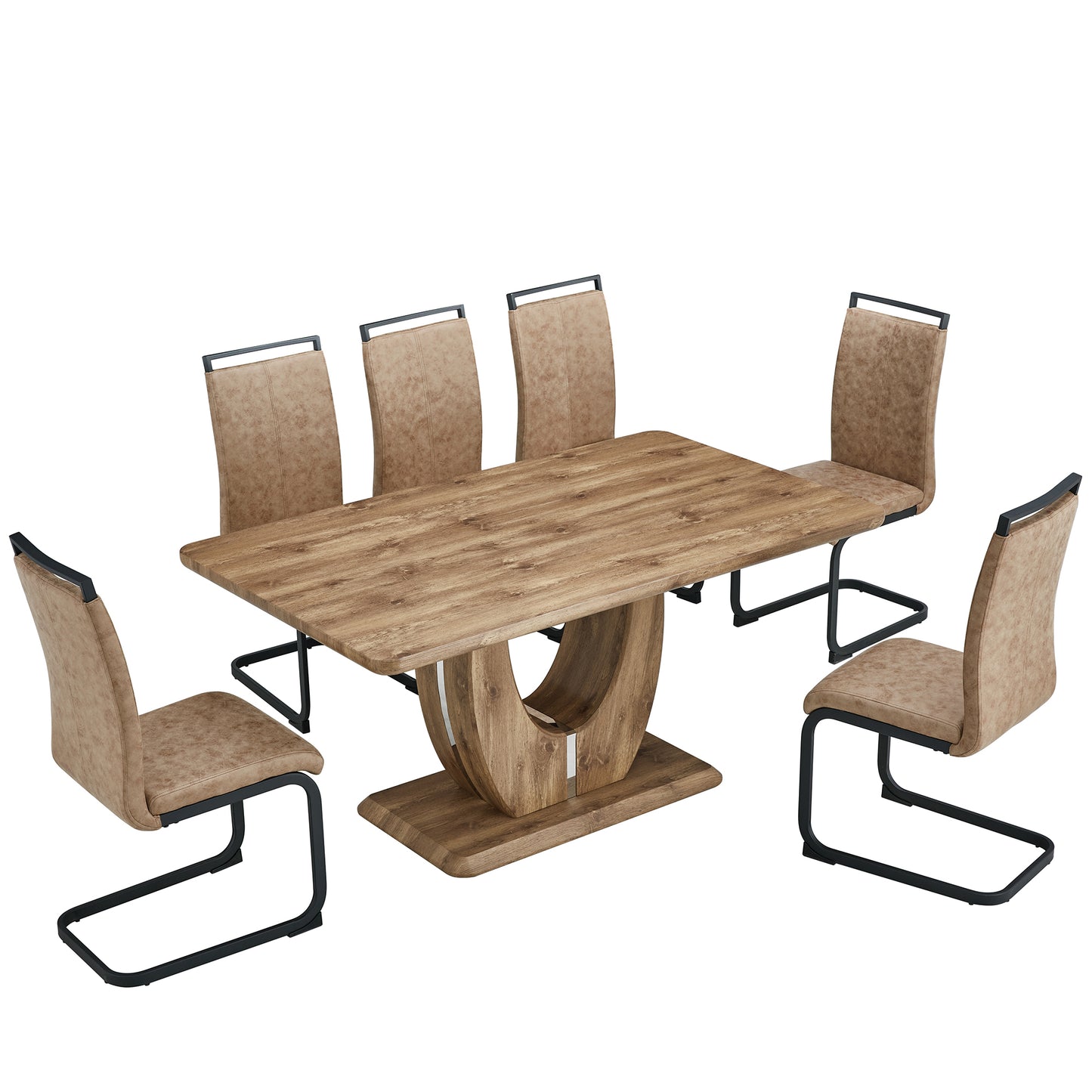 7 Piece Modern Dining Table Set, Rectangular Kitchen Table Set with Wooden Tabletop＆6 Pu Leather Upholstered Chairs Ideal for Dining Room, Kitchen