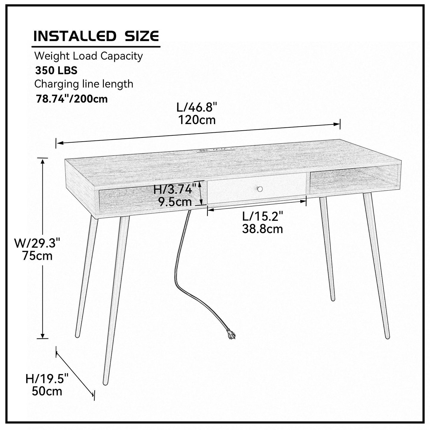 Sleek Black Mid Century Desk with USB Ports, Power Outlet, and Drawers