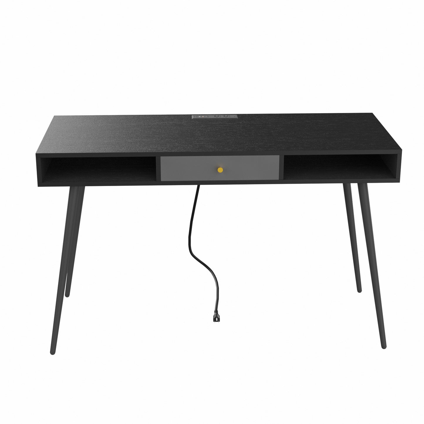 Sleek Black Mid Century Desk with USB Ports, Power Outlet, and Drawers