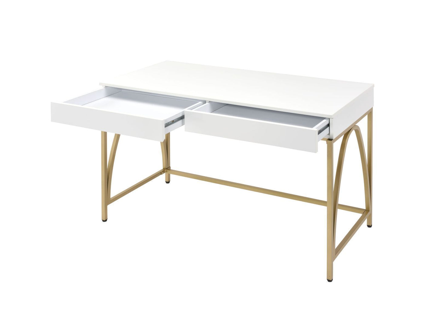 Sleek White and Gold Lightmane Desk with Drawers in High Gloss