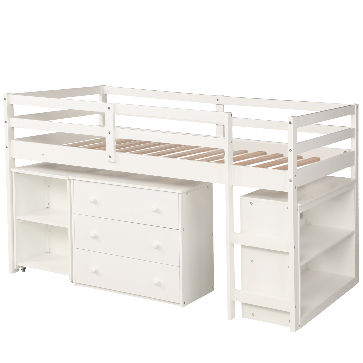 Low Study Twin Loft Bed with Cabinet and Rolling Portable Desk - White