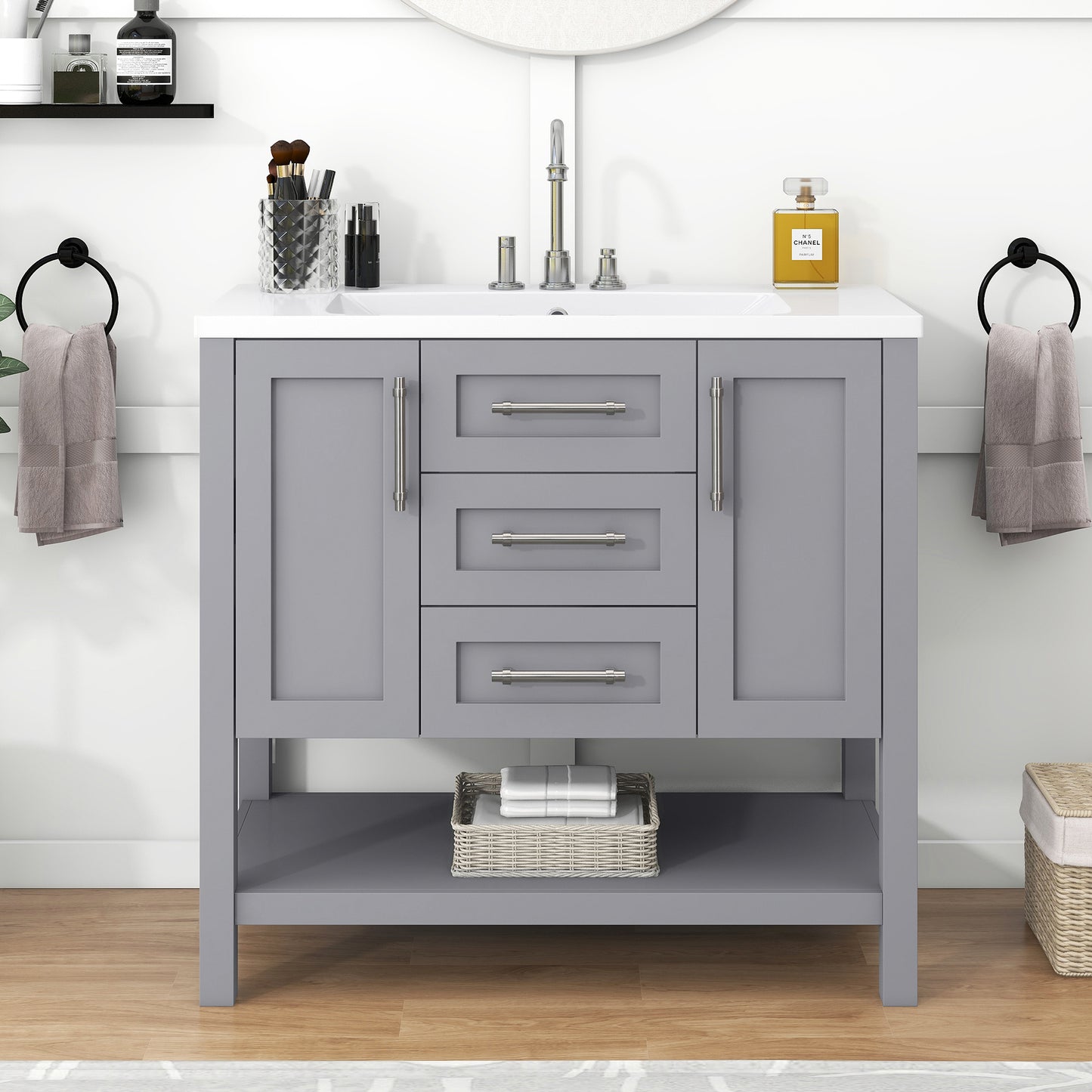 36-Inch Grey Bathroom Vanity with Solid Wood Frame and MDF, Resin Basin, 2 Drawers, 2 Cabinet Doors, 2 Adjustable Shelvesdoor,Single Resin Sink,Small Bathroom Organization Cabinet