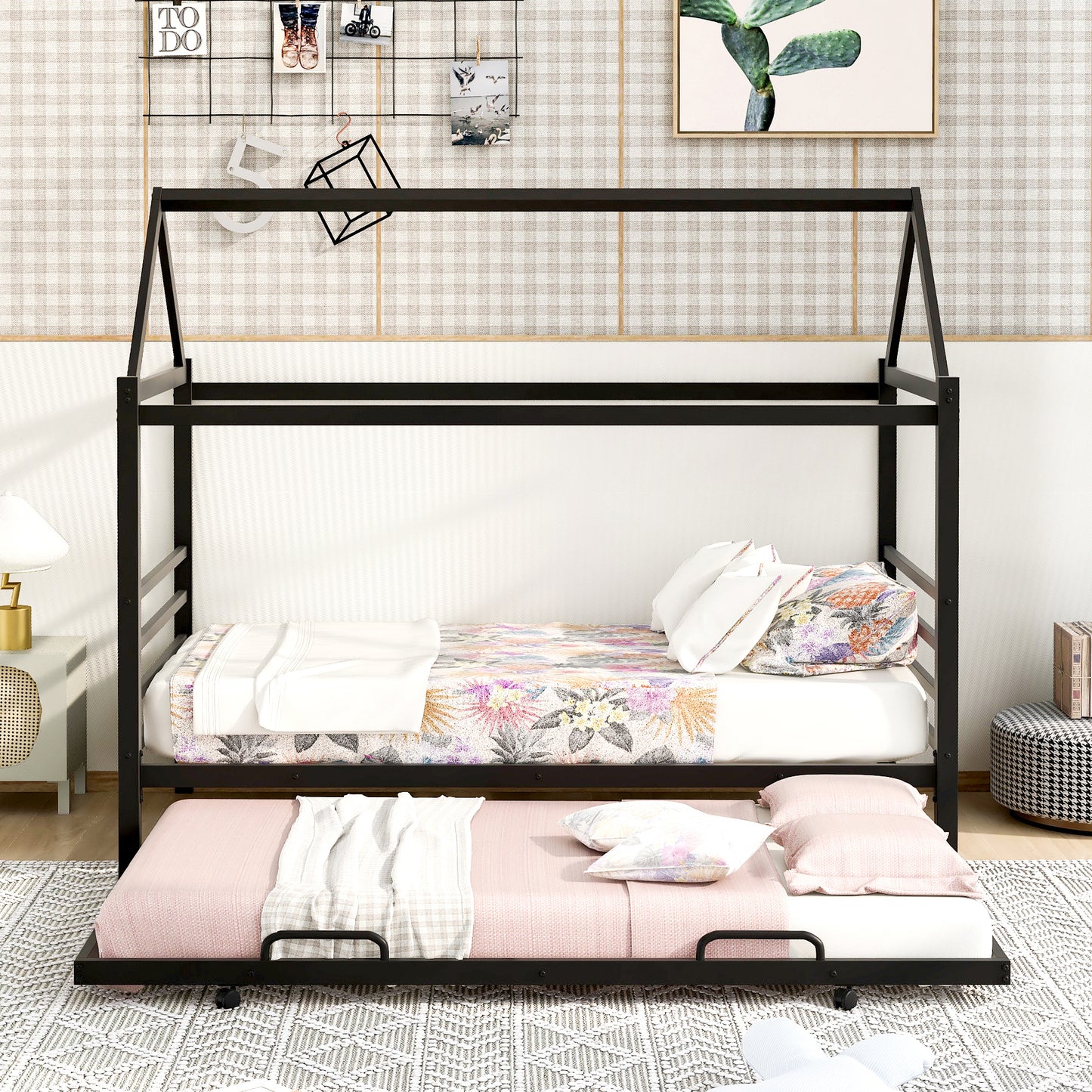 Twin Size Metal House Shape Platform Bed with Trundle,Black