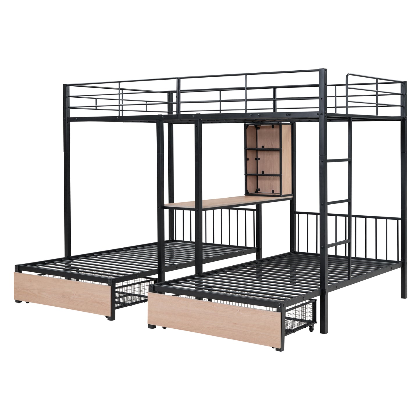 Full Over Twin & Twin Bunk Bed with Desks, Shelves, and Drawers in Black Metal Frame