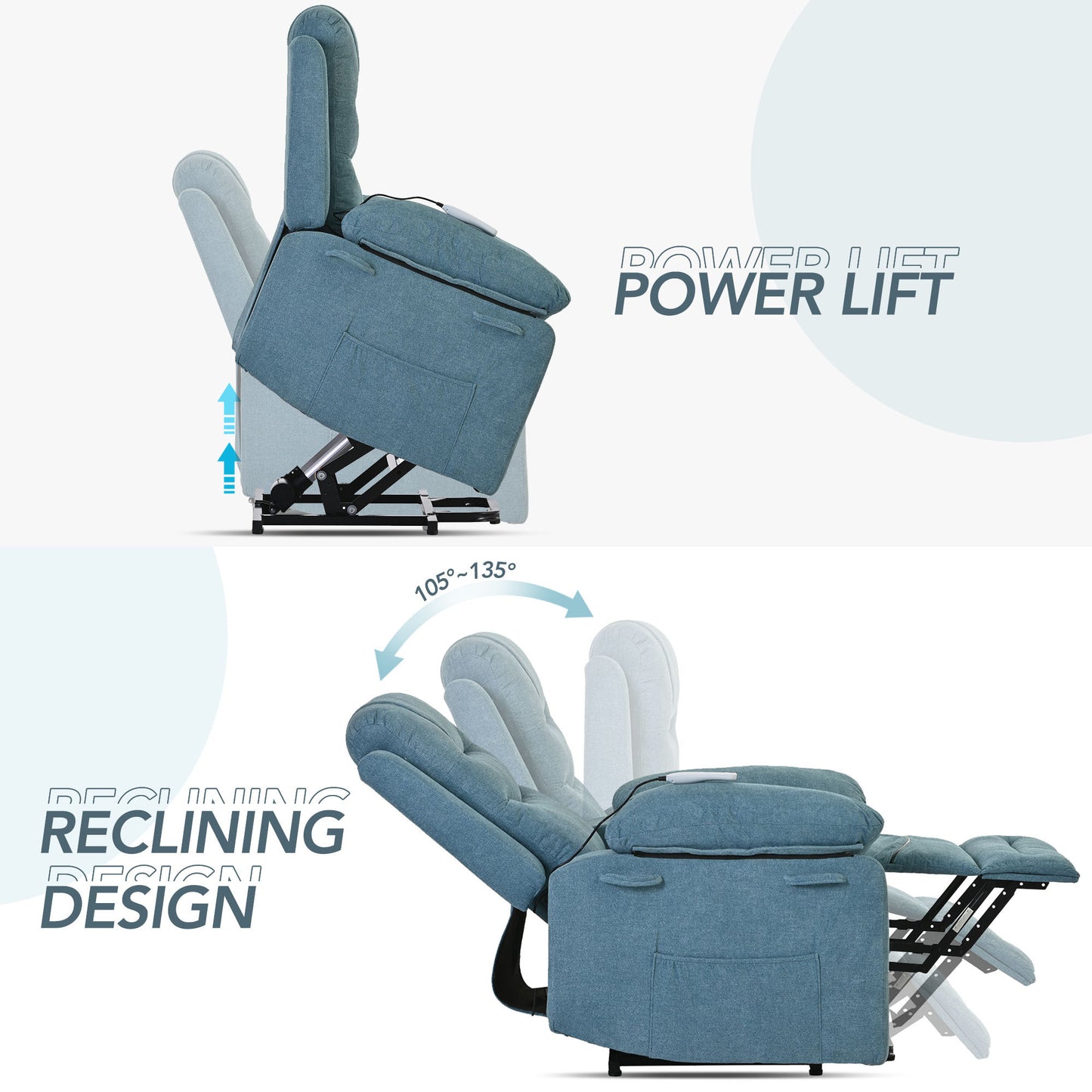 Adjustable Heat and Massage Blue Power Lift Recliner Chair with Infinite Position