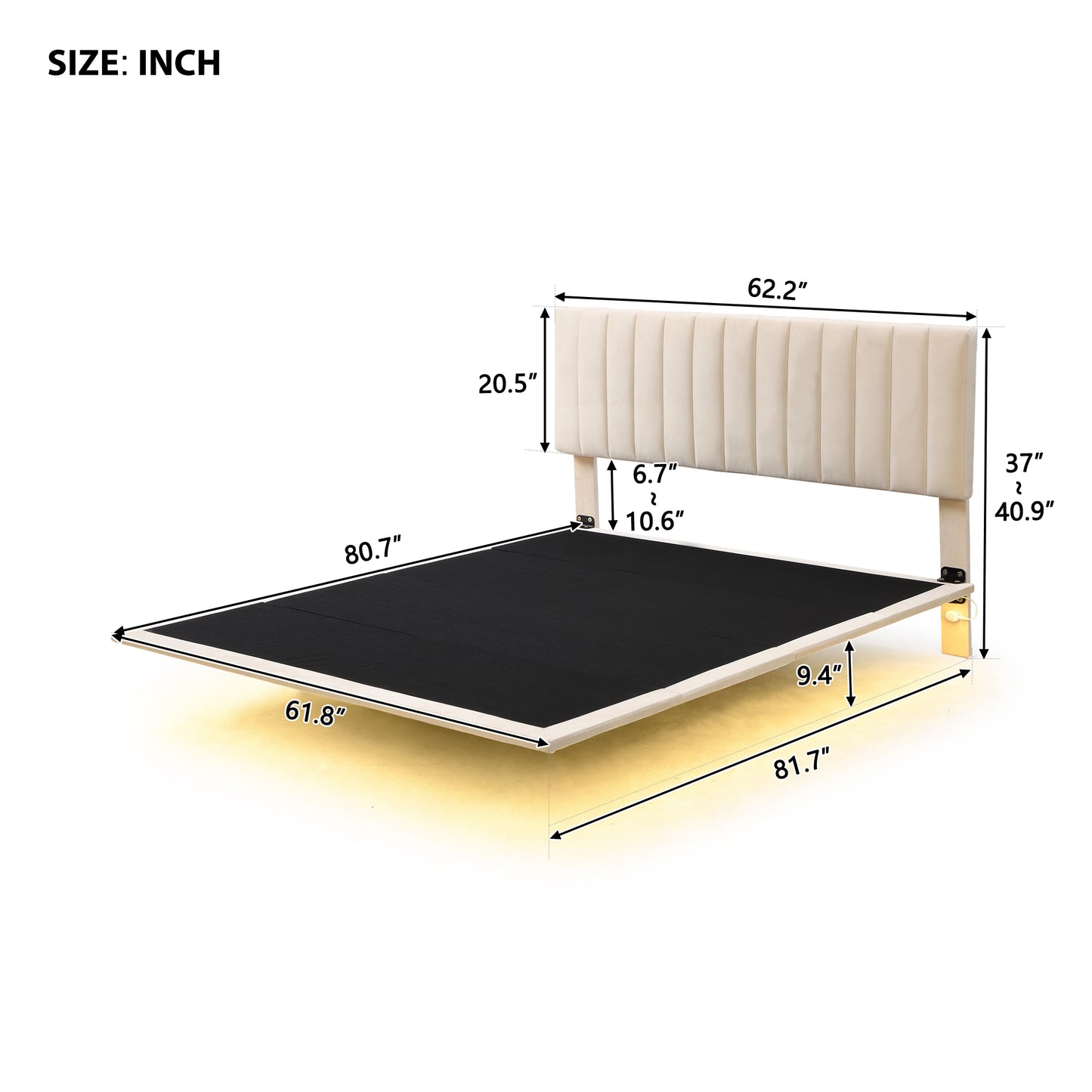 Queen Size Upholstered Bed with Sensor Light and Headboard, Floating Velvet Platform Bed, Beige