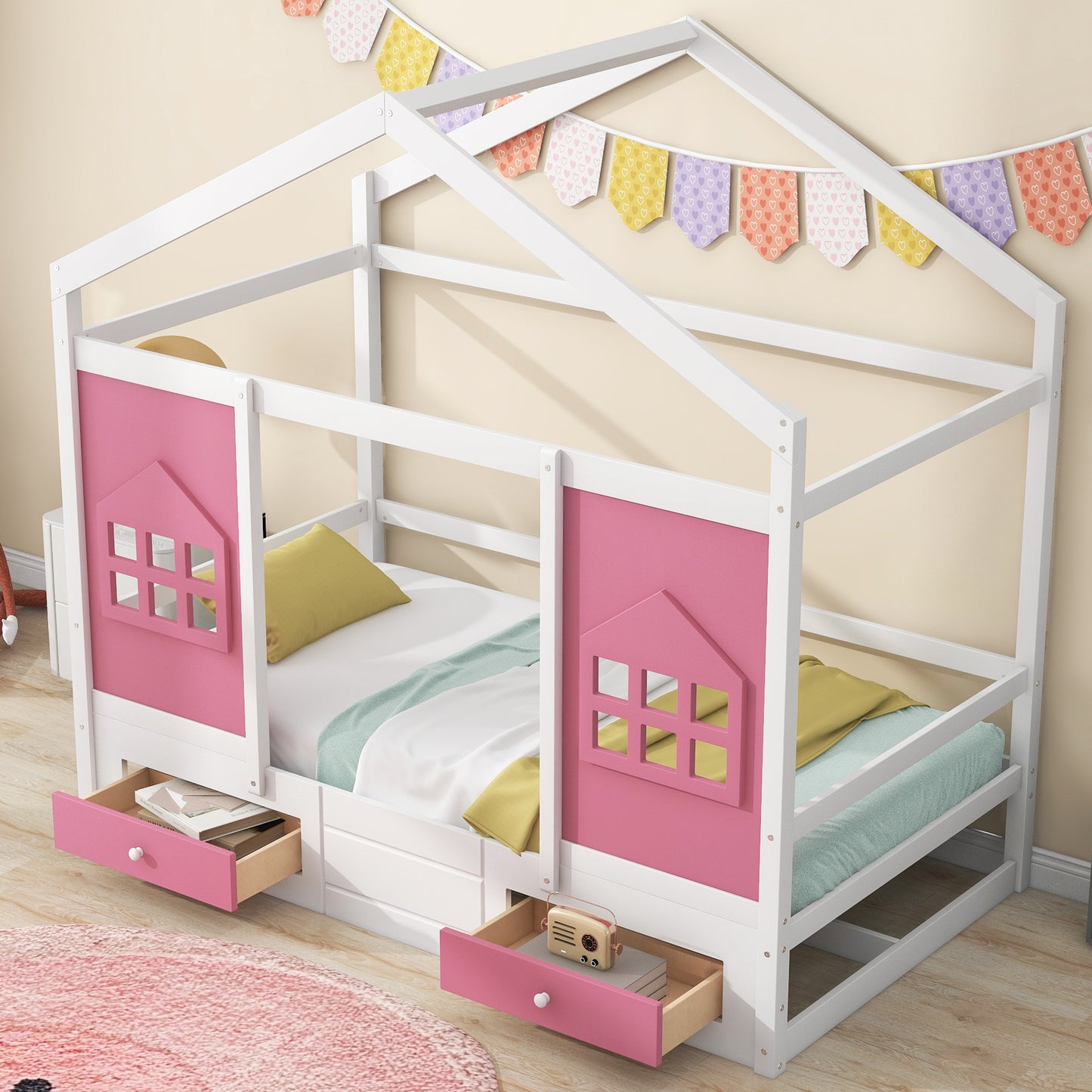 Twin Size Wood House Bed with 2 Drawers and Window Decoration, White+Pink