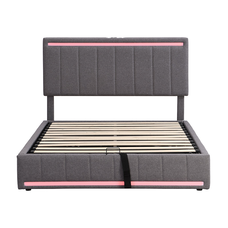 Full Size Upholstered Platform Bed with Hydraulic Storage System, LED Light, and a set of USB Ports and Sockets, Linen Fabric, Gray