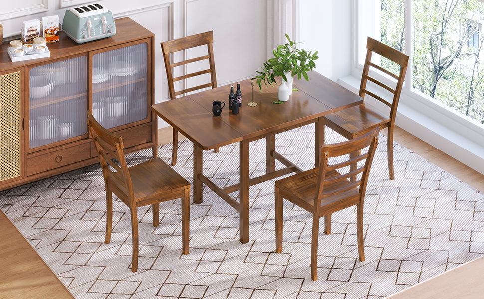 5-Piece Wood Square Drop Leaf Breakfast Nook Extendable Dining Table Set with 4 Ladder Back Chairs for Small Places, Brown